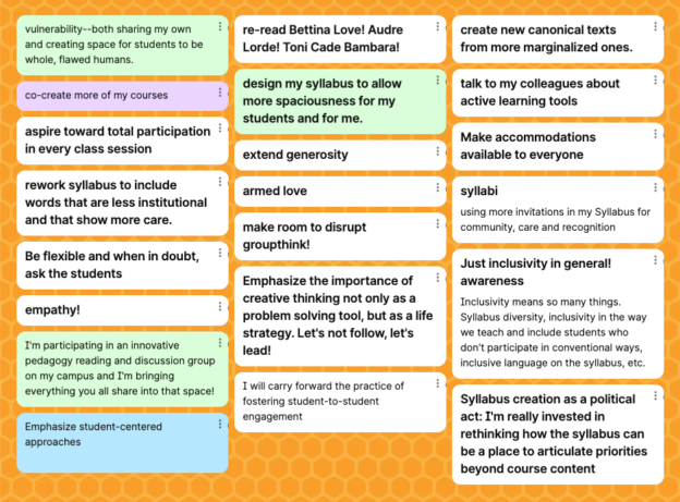 Padlet showing multiple typed responses from faculty fellows. Full text is available at the end of the post.