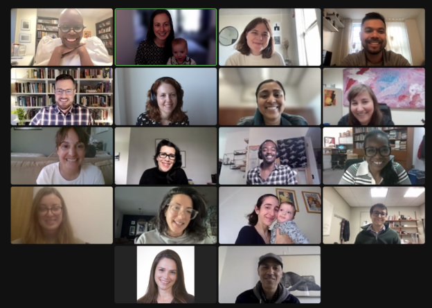 Zoom screen shot from an online faculty fellow seminar with a lot of smiling faces