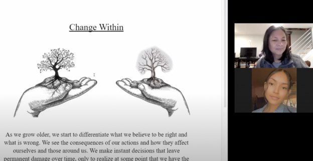 Video screen grab showing a student's essay and illustration of a tree in the palm of a hand and the title, Change Within"